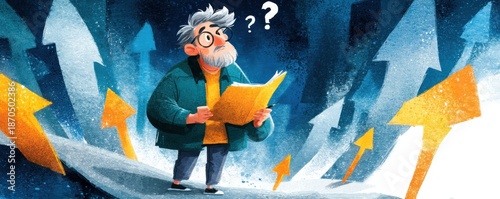 Old man at the crossroads with a map, unsure which way to go in a windy forest scene