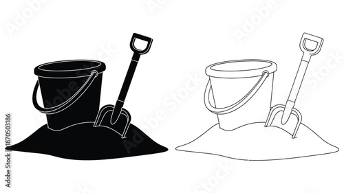 Black and white line drawing of beach buckets and shovels on sand