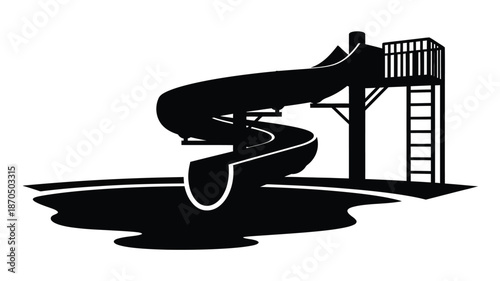 Black and white illustration of a playground slide with a tower structure