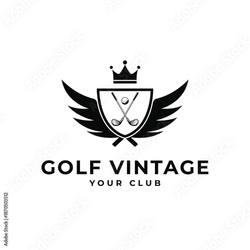 vintage golf club logo design with vector shield, crown and wing