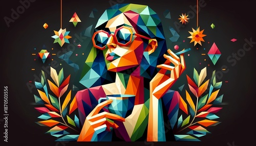 A geometric woman wearing glasses made of triangles is drinking coffee indoors. The background is dark and the image is colorful. There are few plants around.
