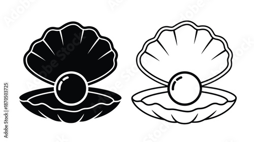 Black and white illustration of an open seashell with a pearl inside