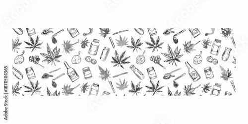 A detailed black and white sketch of cannabis leaves and various bottles