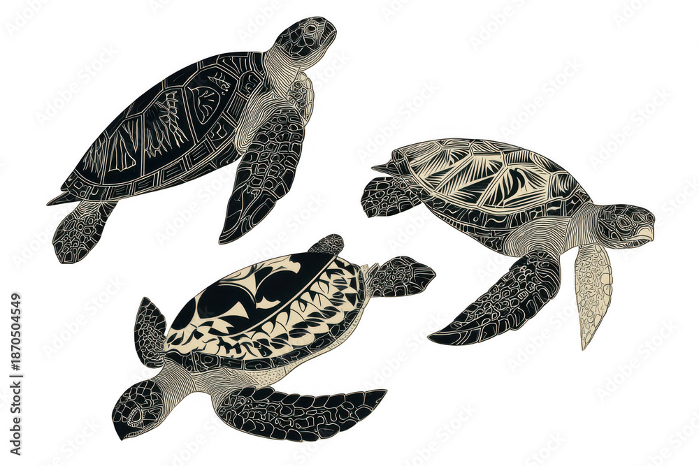 Obraz premium Three turtles are shown in a black and white drawing