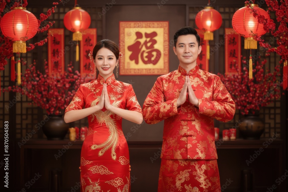 Obraz premium Smiling Asian couple in embroidered red attire performing a traditional Lunar New Year greeting gesture, Chinese New Year concept. 