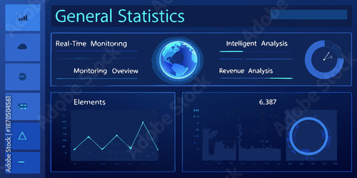 Data analytics dashboard displaying real time monitoring and revenue insights with global visualization