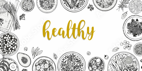 Sketch of healthy food arrangements with fruits bowls and greenery