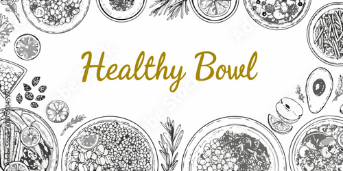 A decorative arrangement of sketched food bowls and citrus fruit slices