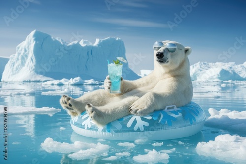 Polar bear wearing sunglasses relaxing on an inflatable float in icy arctic water, holding a blue cocktail, funny vacation scene.