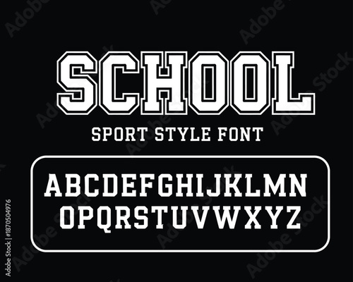 Varsity sport font poster, bold athletic typography alphabet with classic collegiate lettering, retro school sports display font illustration for branding, apparel design, team identity,