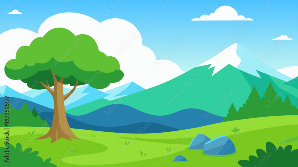 Obraz premium Cartoon landscape with tree and mountains