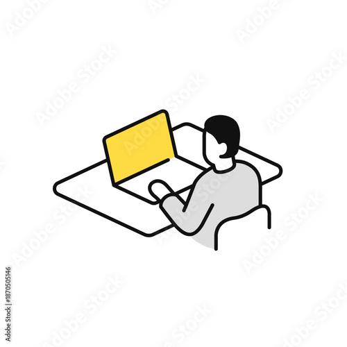 コワーキングスペースでノートパソコンを操作する男性のシンプルなベクターアイコンイラスト