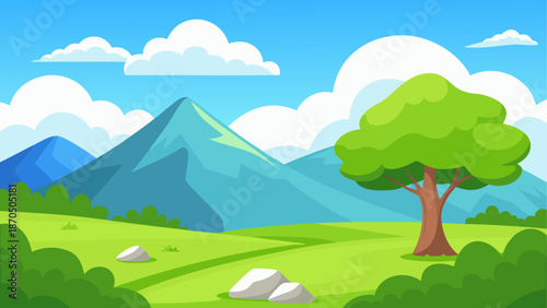 Cartoon landscape with mountains and tree