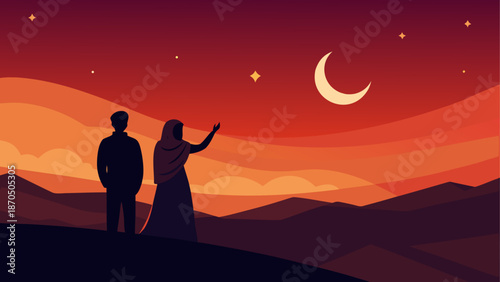 Silhouette couple watching the moon rise