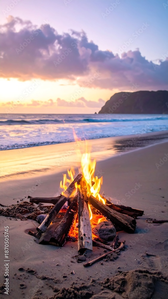 Fototapeta premium Bonfire on a sandy beach at sunset, ocean waves nearby
