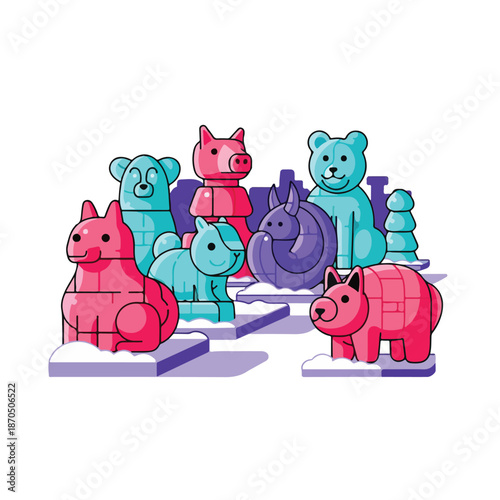 Colorful cartoon animals on ice blocks