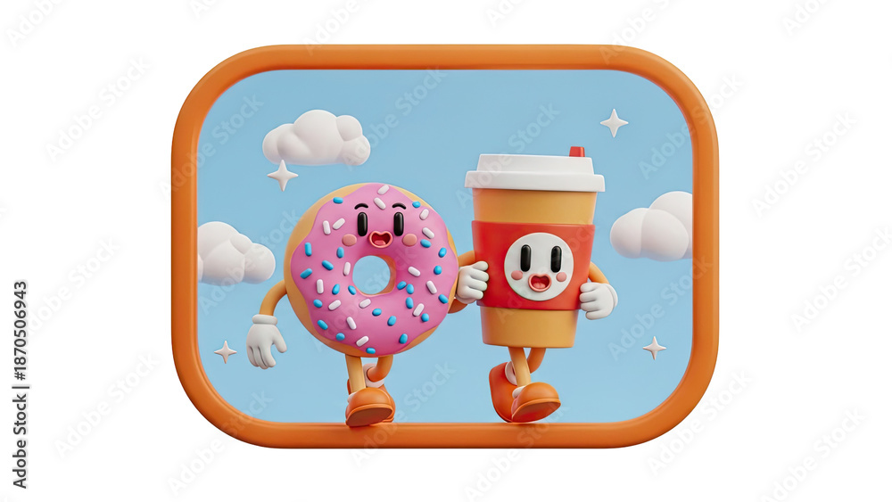 Naklejka premium Animated Donut and Coffee Cup Friends Walking Together