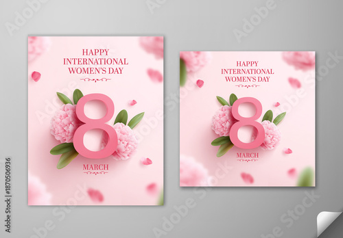 Editable Happy International Women’s Day Social Media Post Set with 3D Number 8 March and Decorative Flowers on Pink Background.
