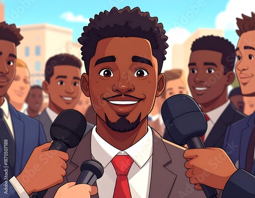 Cartoon-style illustration of a man being interviewed by several reporters