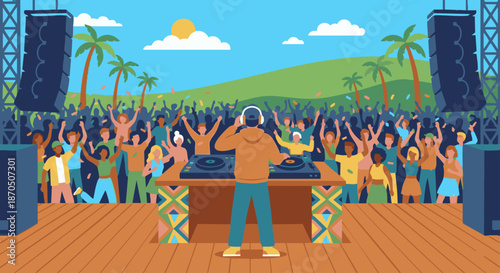DJ Outdoor Music Festival
A flat vector illustration of a DJ performing at an outdoor music festival. Stage, crowd, and open sky appear in the background. 