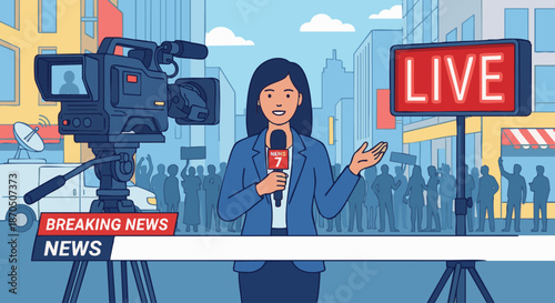 Journalist Reporting Live
A flat vector illustration of a journalist reporting live with a microphone in hand. Camera and “LIVE” sign visible. Flat vector illustration, dynamic broadcast scene.