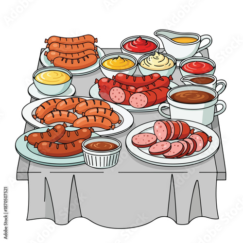 A table with various sausages and condiments