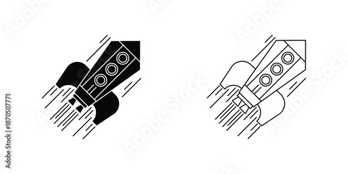 This silhouette icon illustrates a dynamic rocket in rapid motion, shown in two contrasting styles: solid black and outlined line art