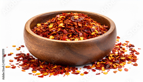 dried chili seeds peppers in wooden bowl isolated on white background