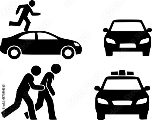 Set of car and street incident pictograms. Silhouettes of police car, person running on car roof, and street conflict