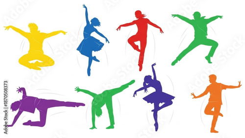 Eight colorful silhouettes of dancers in various yoga and ballet poses on white background with movement and fitness and art and graphic and illustration