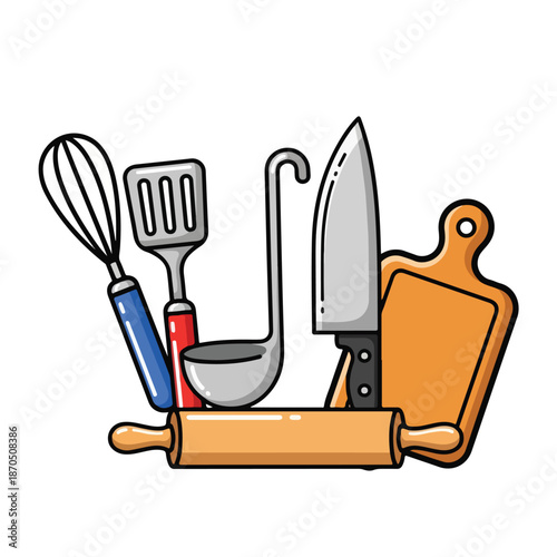 Cartoon kitchen utensils on rolling pin