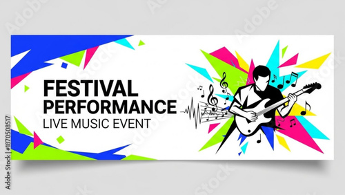 Vibrant festival performance live music event with guitarist on colorful background with concert and musician and entertainment and celebration