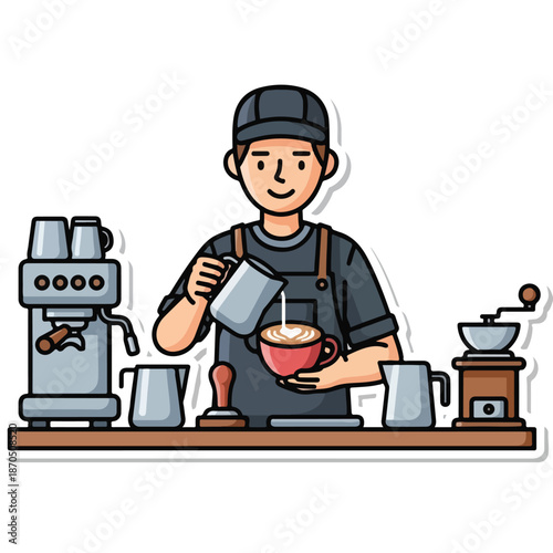 A smiling cartoon man making coffee