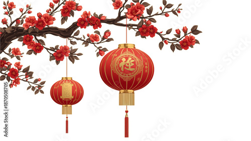 Chinese Red Lanterns with Plum Blossom Branch on Transparent Background, Lunar New Year Decoration