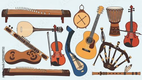 A colorful illustration of various traditional and modern musical instruments from around the world including guitars violins and drums on a light blue background