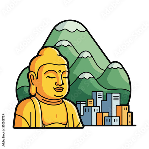 A serene Buddha statue in front of a city and mountain range