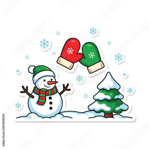 A snowman and snow covered tree with mittens