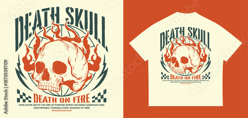 Death skull typography with burning head skull in urban style for t-shirt design, streetwear, merchandise, and print-on-demand