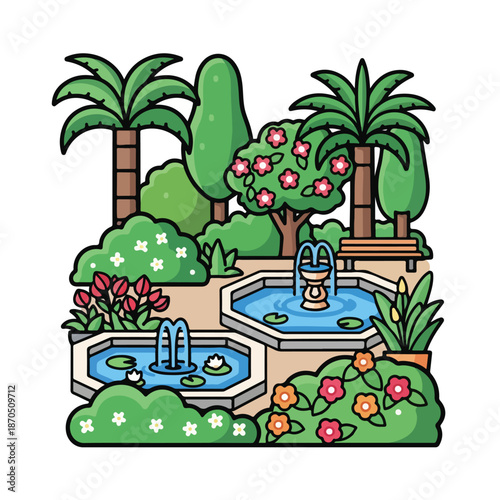 A serene garden oasis with fountains and vibrant flowers