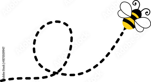 Bee With Dash Line Icon. Captivating Dotted Lines Trace Spirals, Loops, and a Heart Shape Through the Sky. Flying bee route and line path on dotted route. Template design for invitation, cards.