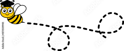 Bee With Dash Line Icon. Captivating Dotted Lines Trace Spirals, Loops, and a Heart Shape Through the Sky. Flying bee route and line path on dotted route. Template design for invitation, cards.