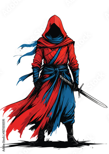 059-47-Mysterious swordsman in red and blue clothing standing with a hidden face and blade