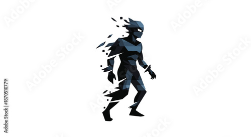Mysterious dark figure dissolving into abstract geometric fragments against a white background