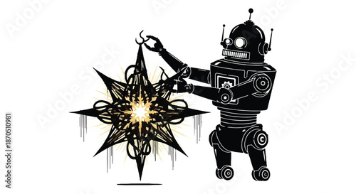 Retro robot carefully holds a glowing, intricate star decoration