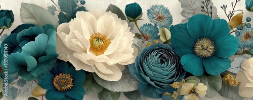 Elegant teal and gray floral pattern with large blooms for home decor, textiles, and design projects