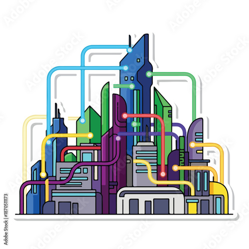 A futuristic cityscape with colorful pipes
