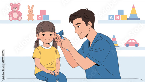 Vector illustration of a doctor examining a child's ear with an otoscope in a clinic setting