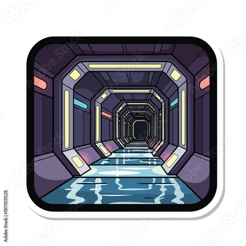 A futuristic corridor with a wet floor and colorful lights