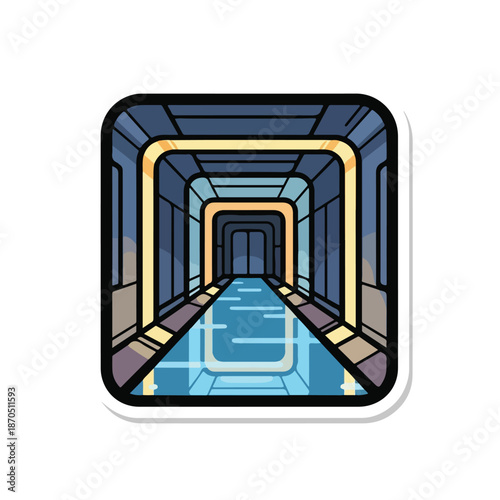 A futuristic corridor with blue floors and yellow accents