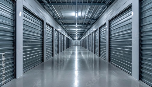 Long Corridor of Storage Unit Doors in Modern Facility.